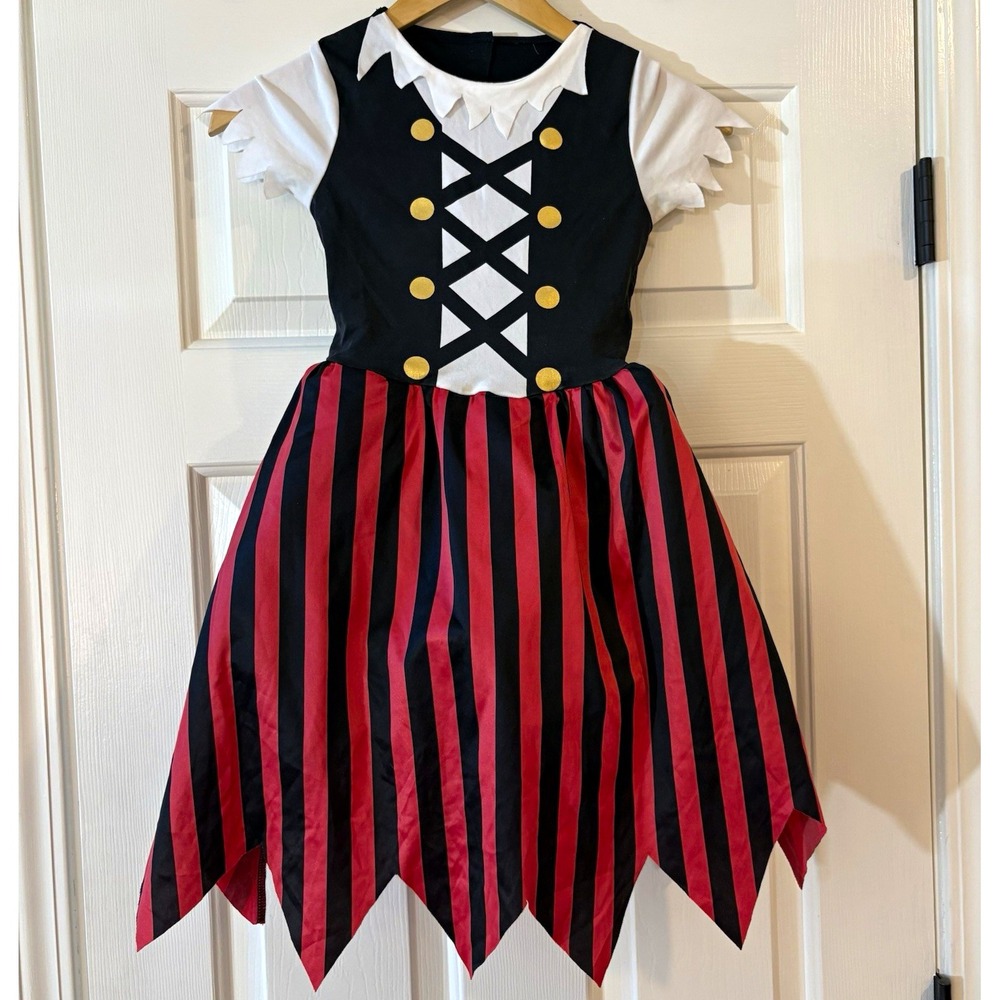 Girls Pirate Costume Dress Red Black Striped Skirt Headscarf Halloween Dress Up